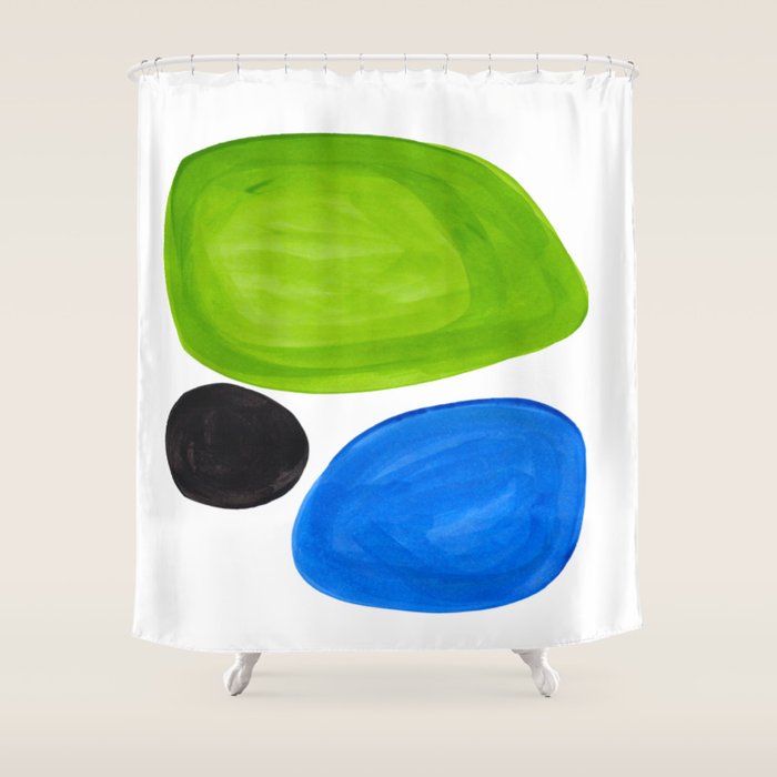 Mid Century Vintage Abstract Minimalist Colorful Pop Art Lime Green Phthalo Blue Black Bubbles Shower Curtain