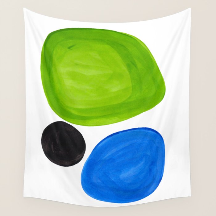 Mid Century Vintage Abstract Minimalist Colorful Pop Art Lime Green Phthalo Blue Black Bubbles Wall Tapestry