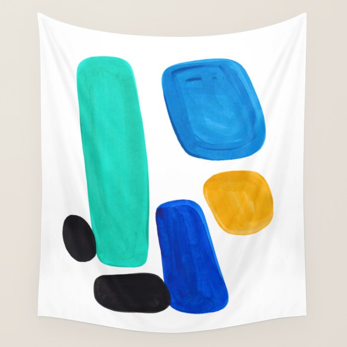 Mid Century Vintage Abstract Minimalist Colorful Pop Art Teal Blue Turquoise Yellow Pattern Wall Tapestry