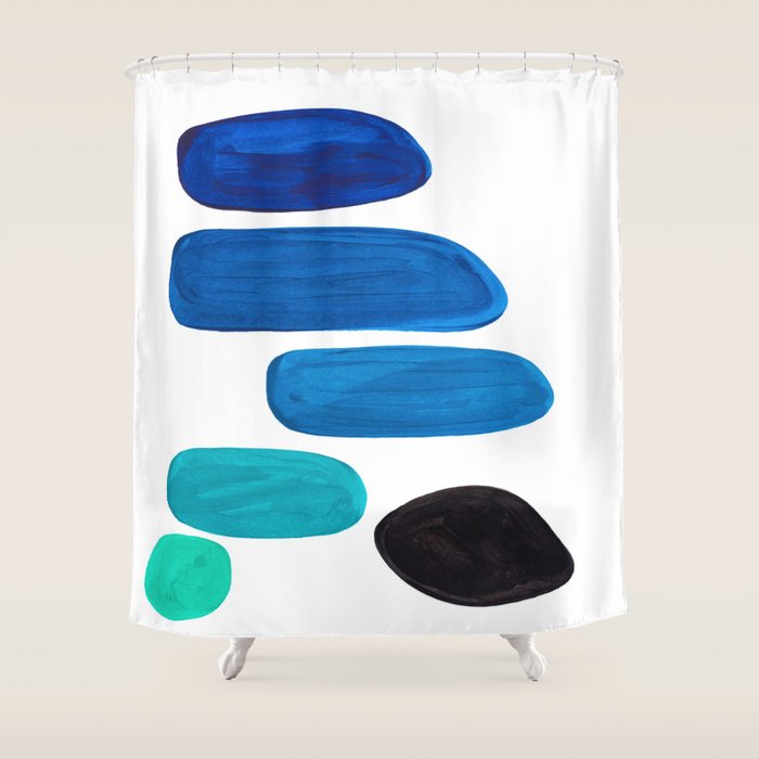 Colorful Mid Century Modern Pop Art Minimalist Style Teal Blue Aquamarine Bubbles White Background Shower Curtain