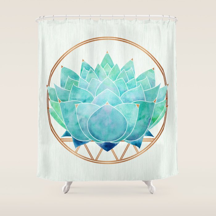 Modern Succulent With Metallic Gold Watercolor Shower Curtain