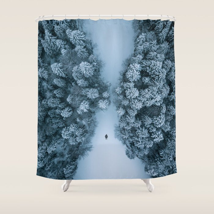 Man Lying In The Snow On A Frozen Lake In A Winter Forest - Landscape Photography Shower Curtain