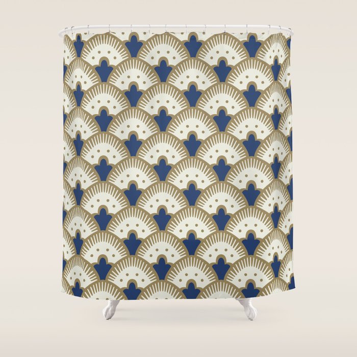 Art Deco Fan Pattern Blue And Gold Shower Curtain