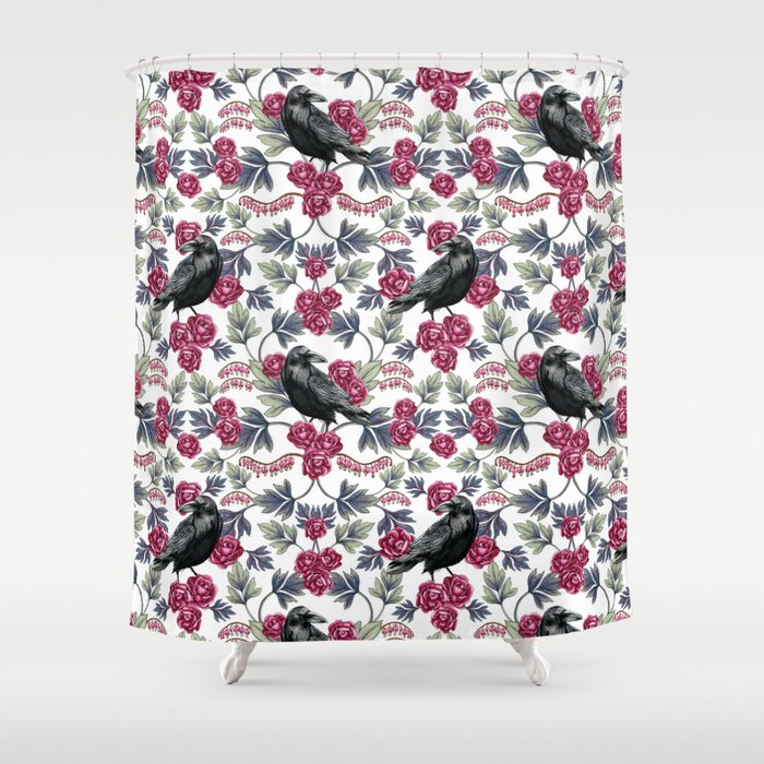 Crows, Bleeding Hearts & Roses Floral/Botanical Pattern Shower Curtain