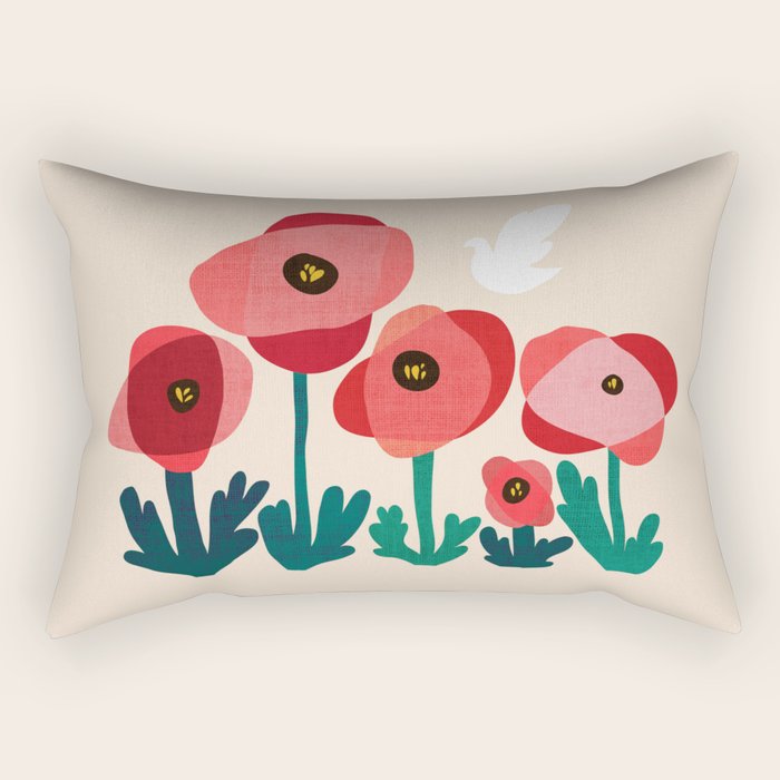 Poppy Flowers And Bird Rectangular Pillow