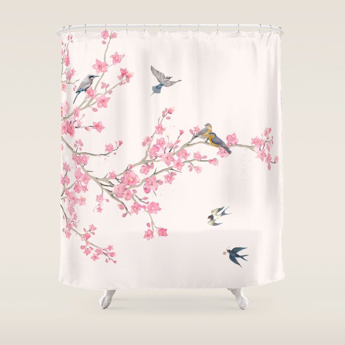Birds And Cherry Blossoms Shower Curtain