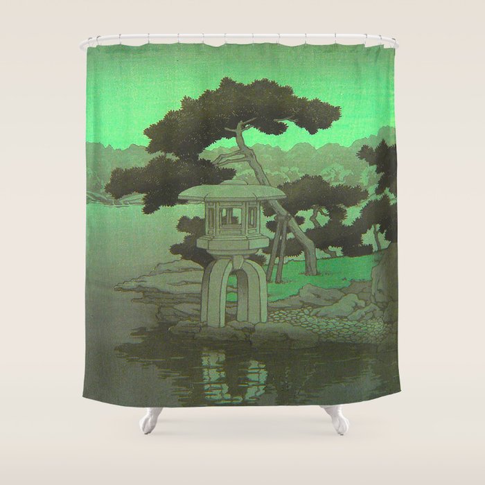 Kawase Hasui Vintage Japanese Woodblock Print Glowing Green Neon Sky Over A Zen Garden Shrine Shower Curtain