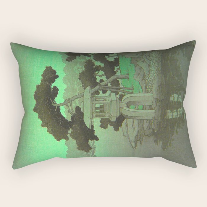 Kawase Hasui Vintage Japanese Woodblock Print Glowing Green Neon Sky Over A Zen Garden Shrine Rectangular Pillow