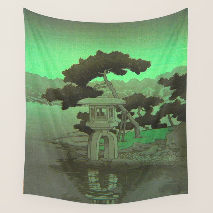 Kawase Hasui Vintage Japanese Woodblock Print Glowing Green Neon Sky Over A Zen Garden Shrine Wall Tapestry