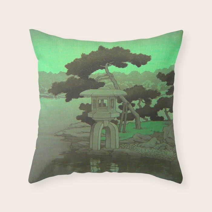 Kawase Hasui Vintage Japanese Woodblock Print Glowing Green Neon Sky Over A Zen Garden Shrine Throw Pillow