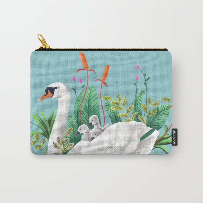 Bond, Jungle Animals, Swan Family Nature Pond Illustration, Bohemian Ducks Love Colorful Botanical Carry All Pouch