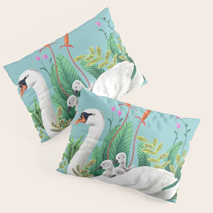 Bond, Jungle Animals, Swan Family Nature Pond Illustration, Bohemian Ducks Love Colorful Botanical Pillow Sham