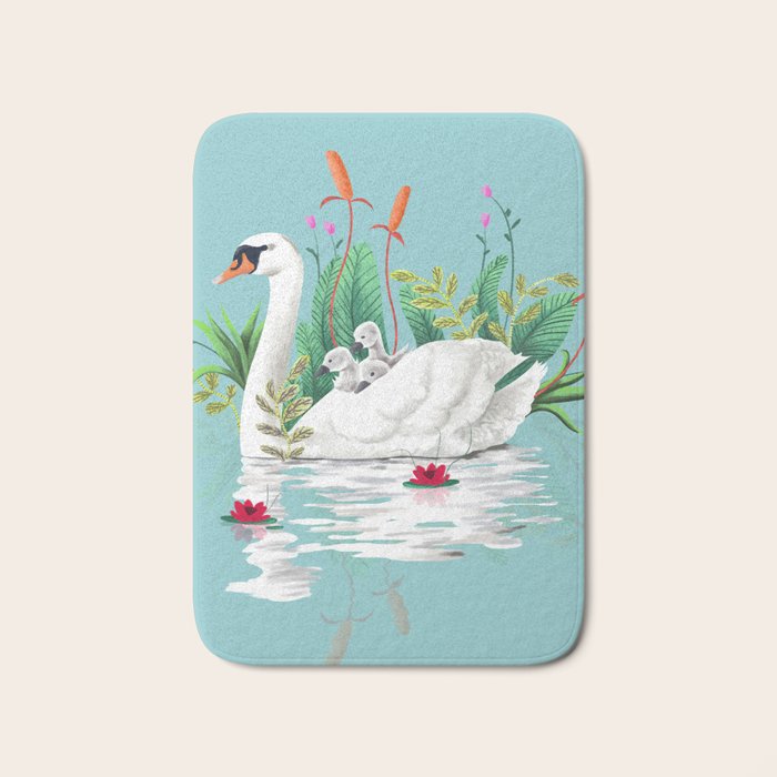 Bond, Jungle Animals, Swan Family Nature Pond Illustration, Bohemian Ducks Love Colorful Botanical Bath Mat