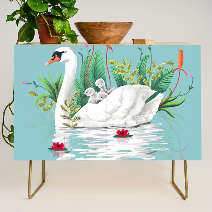 Bond, Jungle Animals, Swan Family Nature Pond Illustration, Bohemian Ducks Love Colorful Botanical Credenza
