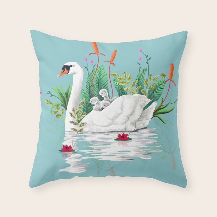 Bond, Jungle Animals, Swan Family Nature Pond Illustration, Bohemian Ducks Love Colorful Botanical Throw Pillow