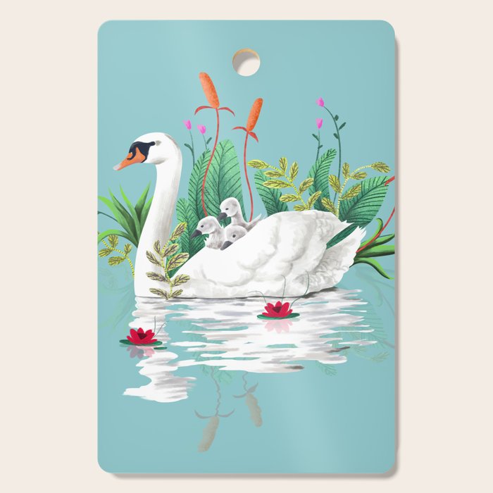 Bond, Jungle Animals, Swan Family Nature Pond Illustration, Bohemian Ducks Love Colorful Botanical Cutting Board