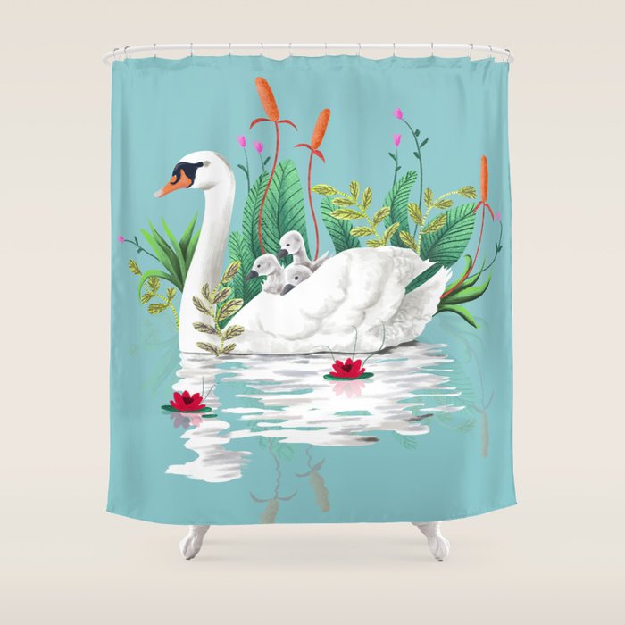 Bond, Jungle Animals, Swan Family Nature Pond Illustration, Bohemian Ducks Love Colorful Botanical Shower Curtain