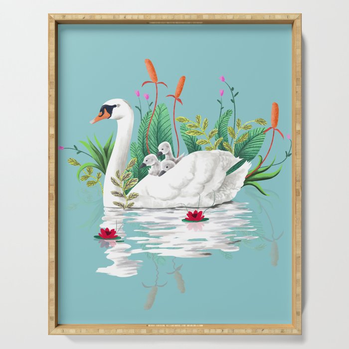 Bond, Jungle Animals, Swan Family Nature Pond Illustration, Bohemian Ducks Love Colorful Botanical Serving Tray