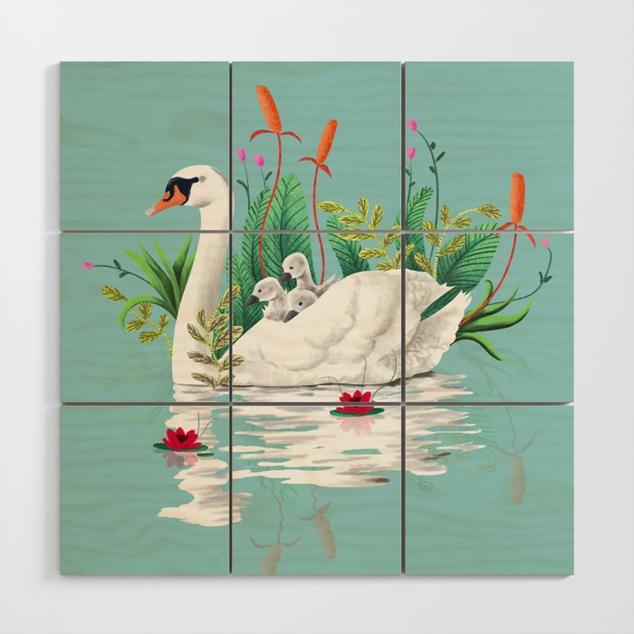 Bond, Jungle Animals, Swan Family Nature Pond Illustration, Bohemian Ducks Love Colorful Botanical Wood Wall Art