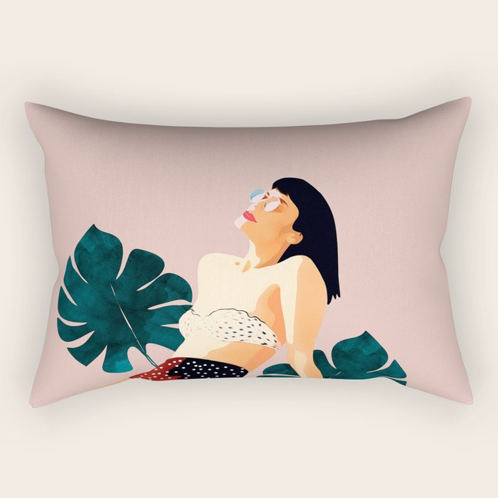 Sunday, Summer Swim Poolside Fashion, Bohemian Woman Sunbath Tan Bikini Monstera Tropical Travel Rectangular Pillow