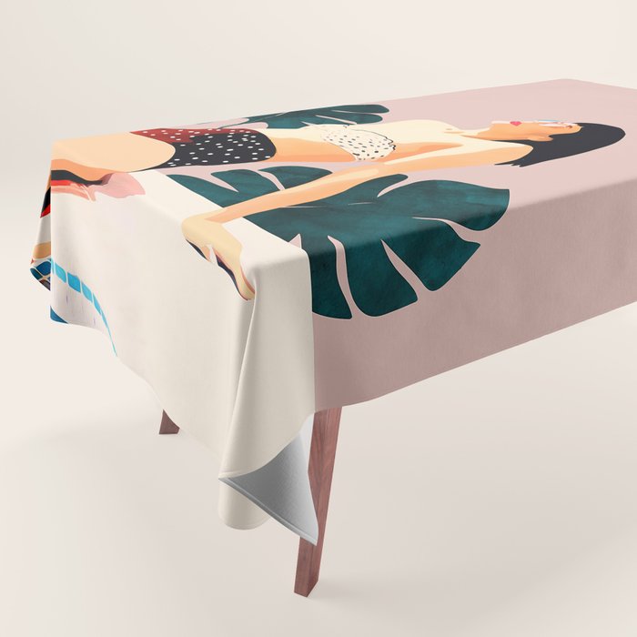 Sunday, Summer Swim Poolside Fashion, Bohemian Woman Sunbath Tan Bikini Monstera Tropical Travel Tablecloth