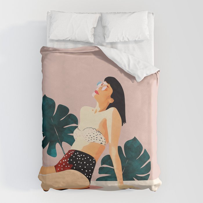Sunday, Summer Swim Poolside Fashion, Bohemian Woman Sunbath Tan Bikini Monstera Tropical Travel Duvet Cover