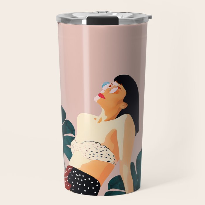 Sunday, Summer Swim Poolside Fashion, Bohemian Woman Sunbath Tan Bikini Monstera Tropical Travel Travel Mug