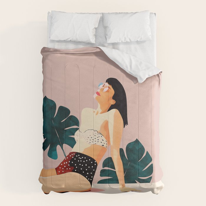 Sunday, Summer Swim Poolside Fashion, Bohemian Woman Sunbath Tan Bikini Monstera Tropical Travel Comforter