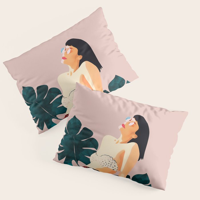 Sunday, Summer Swim Poolside Fashion, Bohemian Woman Sunbath Tan Bikini Monstera Tropical Travel Pillow Sham