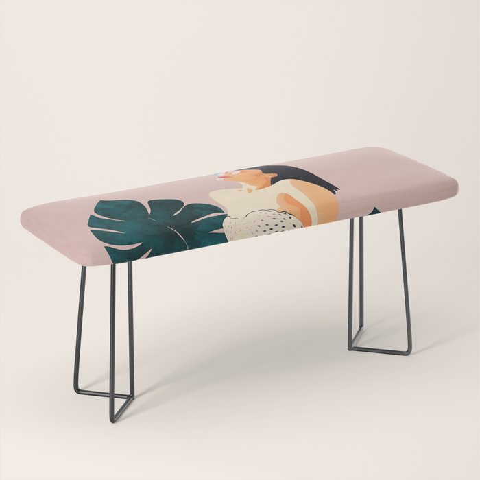 Sunday, Summer Swim Poolside Fashion, Bohemian Woman Sunbath Tan Bikini Monstera Tropical Travel Bench