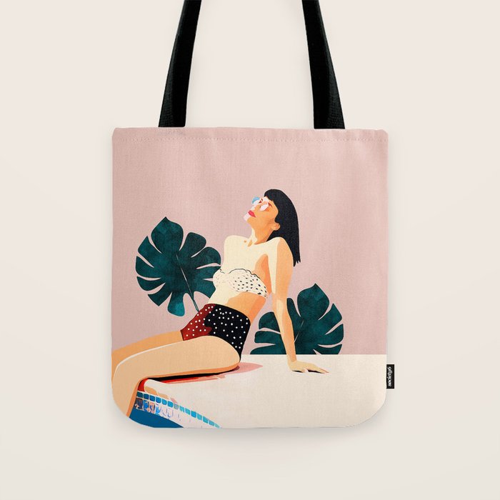 Sunday, Summer Swim Poolside Fashion, Bohemian Woman Sunbath Tan Bikini Monstera Tropical Travel Tote Bag
