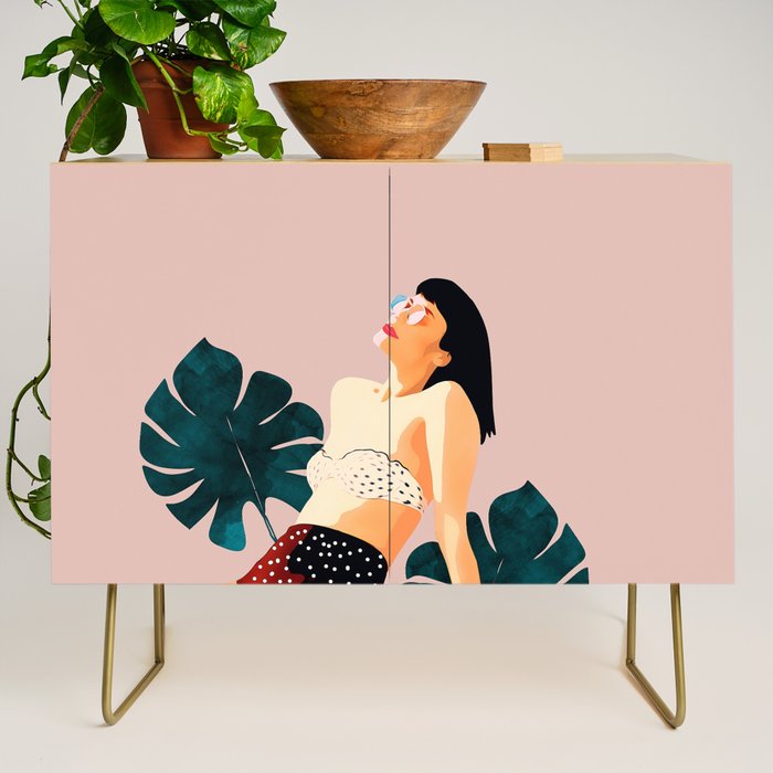 Sunday, Summer Swim Poolside Fashion, Bohemian Woman Sunbath Tan Bikini Monstera Tropical Travel Credenza