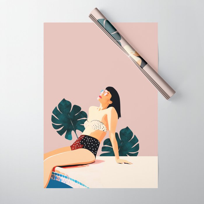 Sunday, Summer Swim Poolside Fashion, Bohemian Woman Sunbath Tan Bikini Monstera Tropical Travel Wrapping Paper