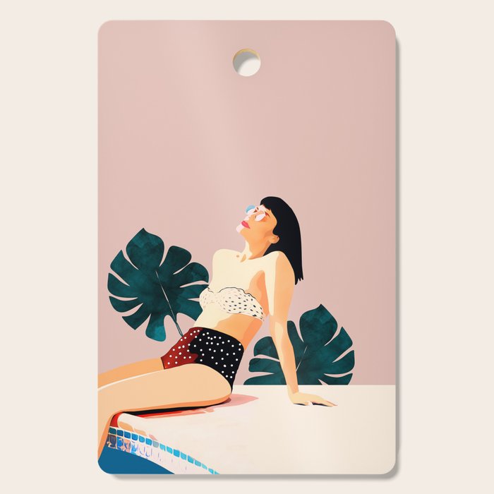 Sunday, Summer Swim Poolside Fashion, Bohemian Woman Sunbath Tan Bikini Monstera Tropical Travel Cutting Board