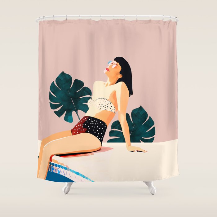 Sunday, Summer Swim Poolside Fashion, Bohemian Woman Sunbath Tan Bikini Monstera Tropical Travel Shower Curtain