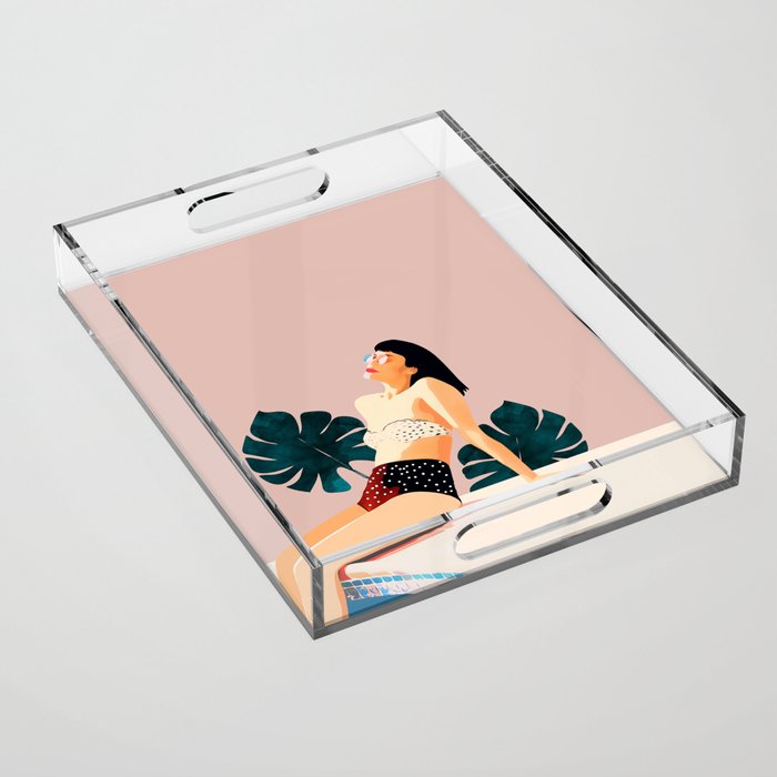 Sunday, Summer Swim Poolside Fashion, Bohemian Woman Sunbath Tan Bikini Monstera Tropical Travel Acrylic Tray