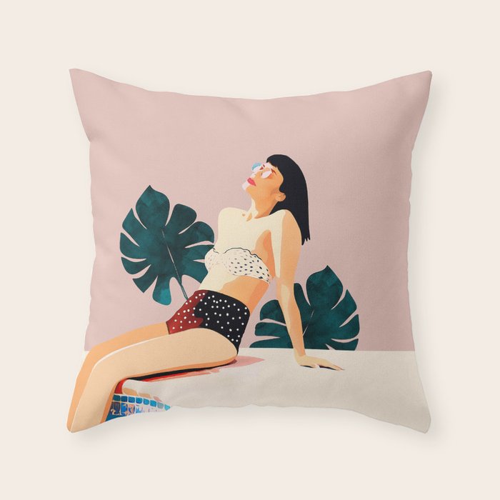Sunday, Summer Swim Poolside Fashion, Bohemian Woman Sunbath Tan Bikini Monstera Tropical Travel Throw Pillow