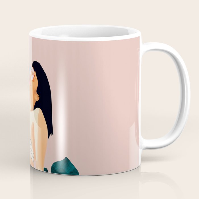 Sunday, Summer Swim Poolside Fashion, Bohemian Woman Sunbath Tan Bikini Monstera Tropical Travel Coffee Mug