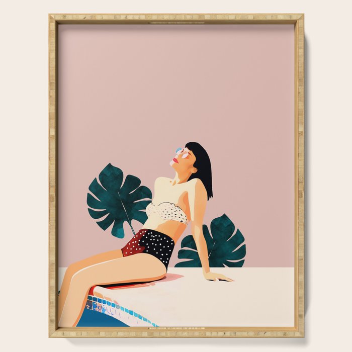 Sunday, Summer Swim Poolside Fashion, Bohemian Woman Sunbath Tan Bikini Monstera Tropical Travel Serving Tray
