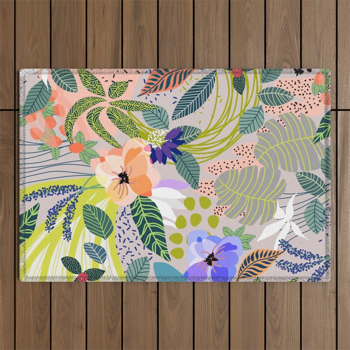 Wander, Floral Colorful Summer Modern Bohemian Illustration, Nature Blush Botanical Tropical Garden Outdoor Rug