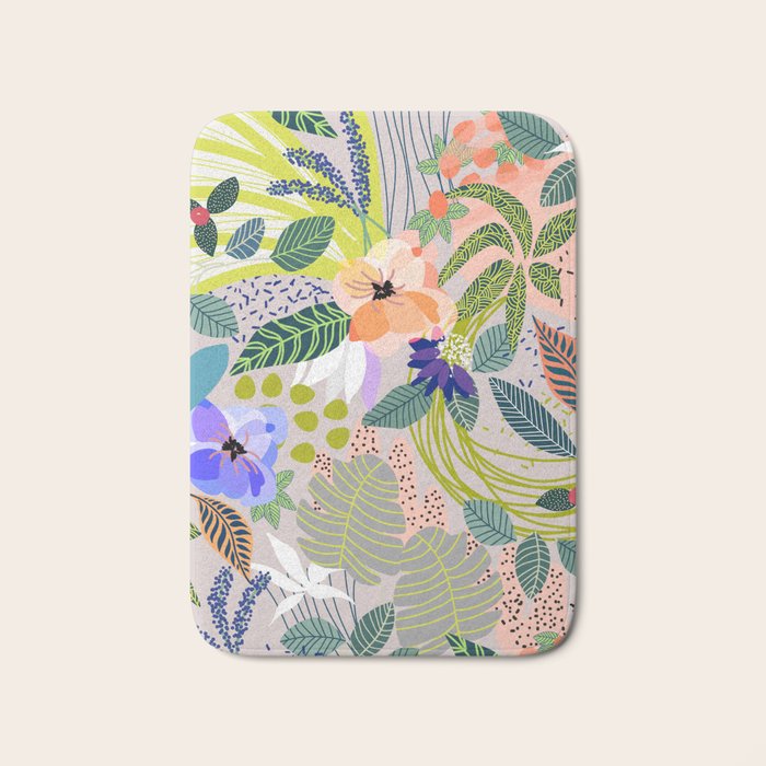 Wander, Floral Colorful Summer Modern Bohemian Illustration, Nature Blush Botanical Tropical Garden Bath Mat