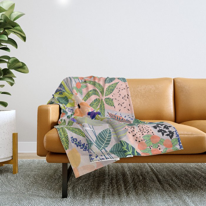 Wander, Floral Colorful Summer Modern Bohemian Illustration, Nature Blush Botanical Tropical Garden Throw Blanket