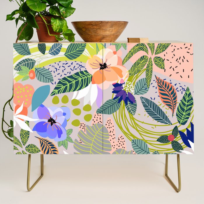 Wander, Floral Colorful Summer Modern Bohemian Illustration, Nature Blush Botanical Tropical Garden Credenza