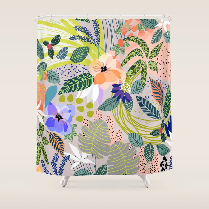 Wander, Floral Colorful Summer Modern Bohemian Illustration, Nature Blush Botanical Tropical Garden Shower Curtain