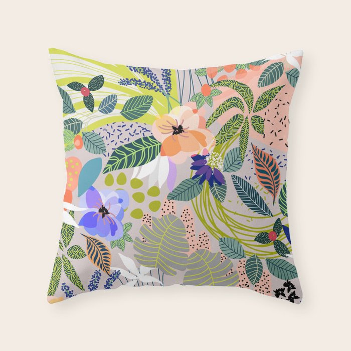 Wander, Floral Colorful Summer Modern Bohemian Illustration, Nature Blush Botanical Tropical Garden Throw Pillow