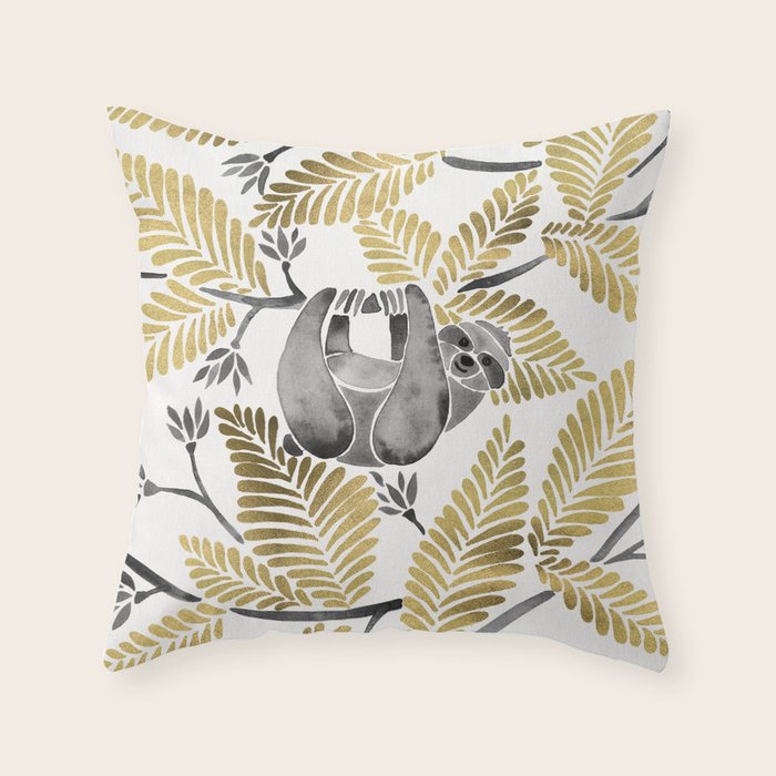Happy Sloth - Tropical Gold Leaves Throw Pillow