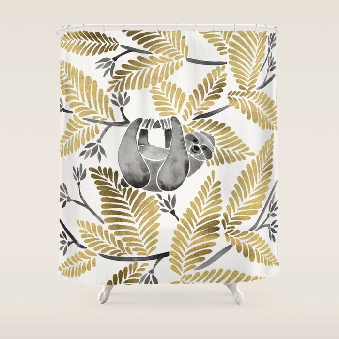 Happy Sloth - Tropical Gold Leaves Shower Curtain
