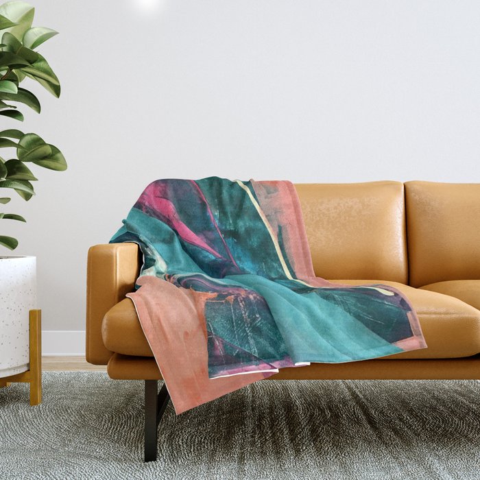 Wild [7]: A Bold, Colorful Abstract Mixed-Media Piece In Teal, Orange, Neon Blue, Pink And White Throw Blanket