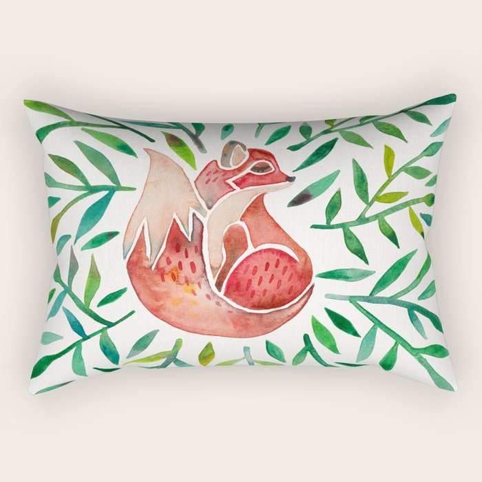 Woodland Fox - Green Leaves Rectangular Pillow