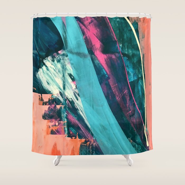 Wild [7]: A Bold, Colorful Abstract Mixed-Media Piece In Teal, Orange, Neon Blue, Pink And White Shower Curtain